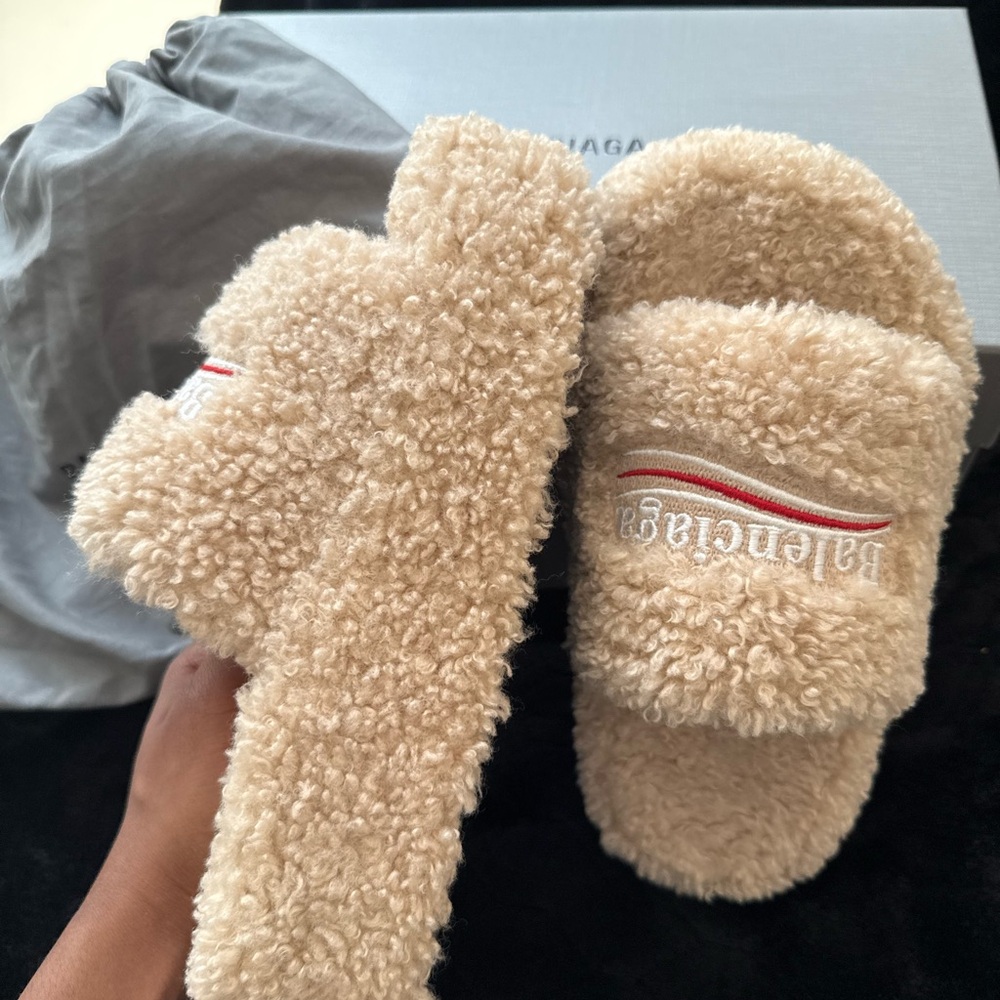 Balenciaga Cream Plush Slides